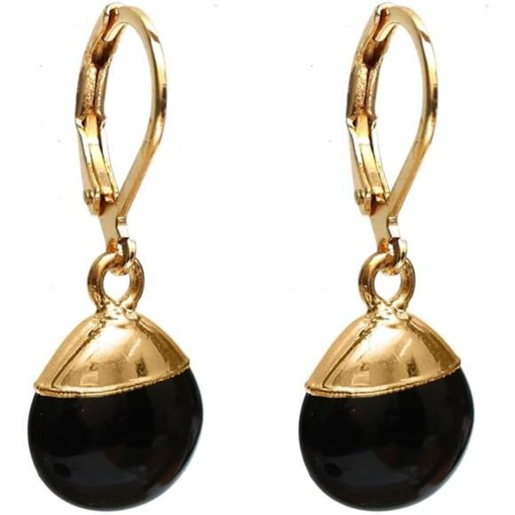 Black Obsidian Gemstone Earrings | Gold Plated Leverback Drops - Picture 1 of 6